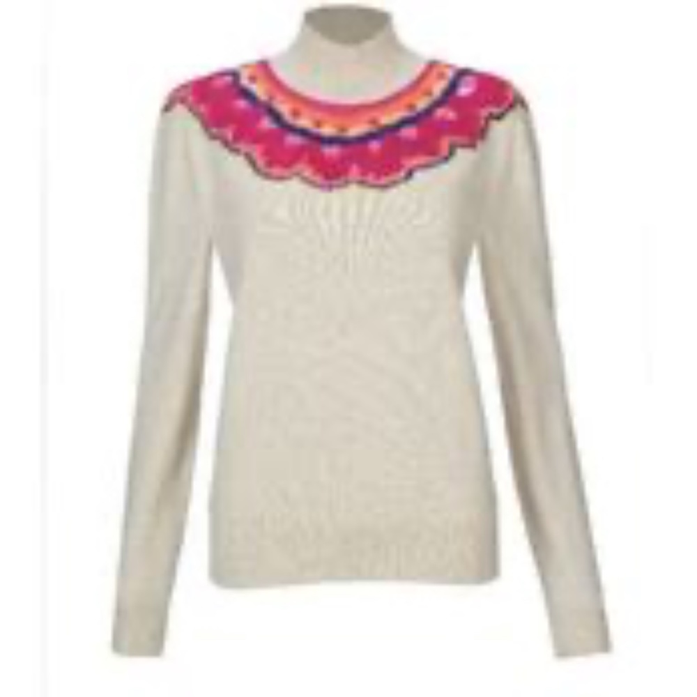 CAbi Cream Sweater with Pink & Orange Nordic Yoke